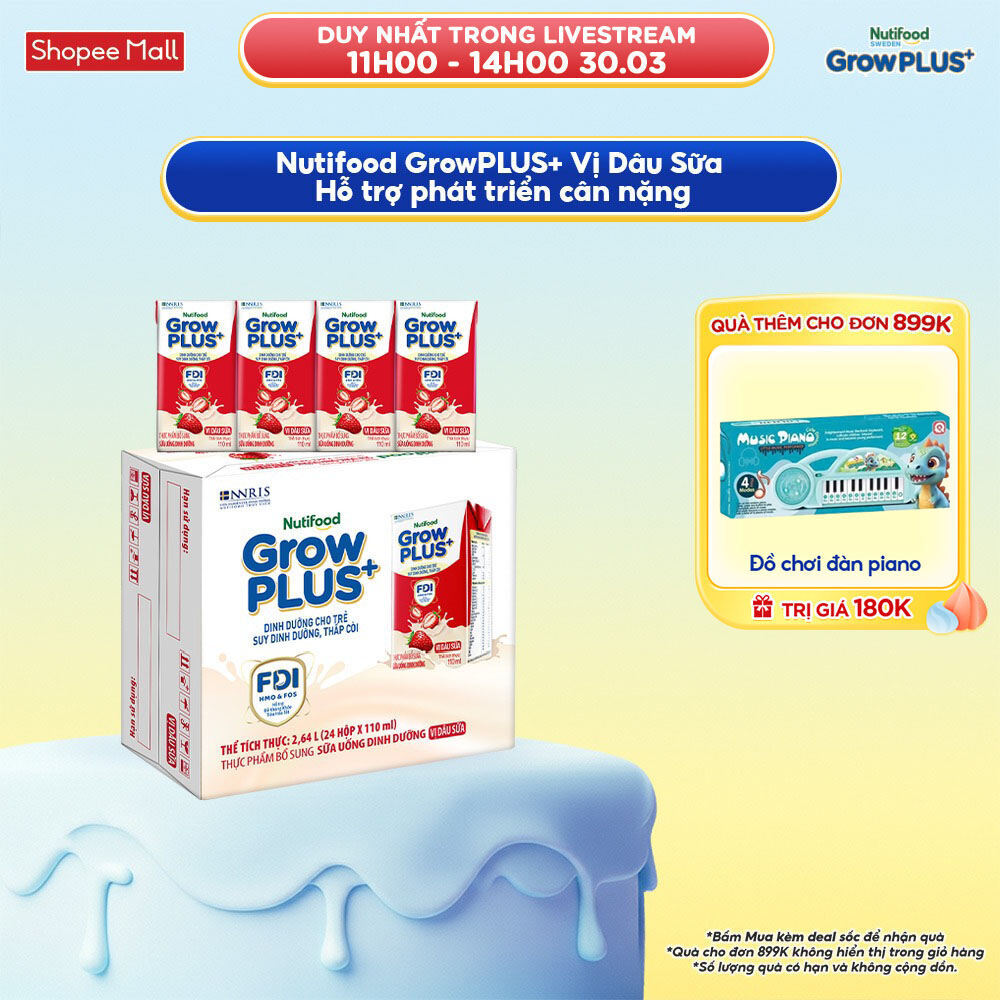 Thùng 24 hộp Sữa bột pha sẵn Nutifood GrowPLUS+ Vị Dâu hộp 110ml - Trên 1 tuổi (24 hộp x 110ml)