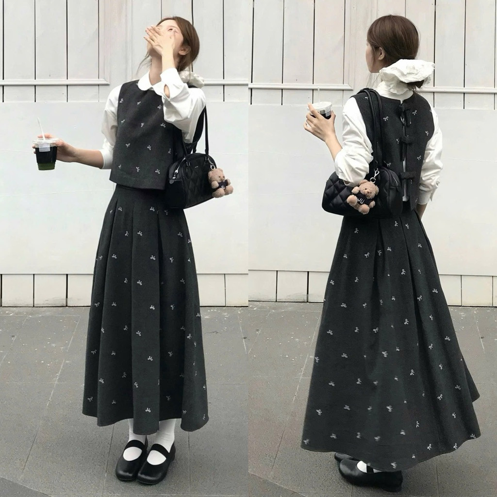 Set 3 Món Áo Gile Dạ Nơ Sau Mix Sơmi Trắng + Chân Váy Xếp Ly Dáng Dài 2 Màu