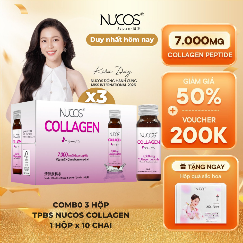 [3 Hộp - Date 11/2026] TPBS Nước Uống Collagen Nucos 7000 Hỗ trợ Làm Đẹp da [3Hộp x 10c x 30ml]
