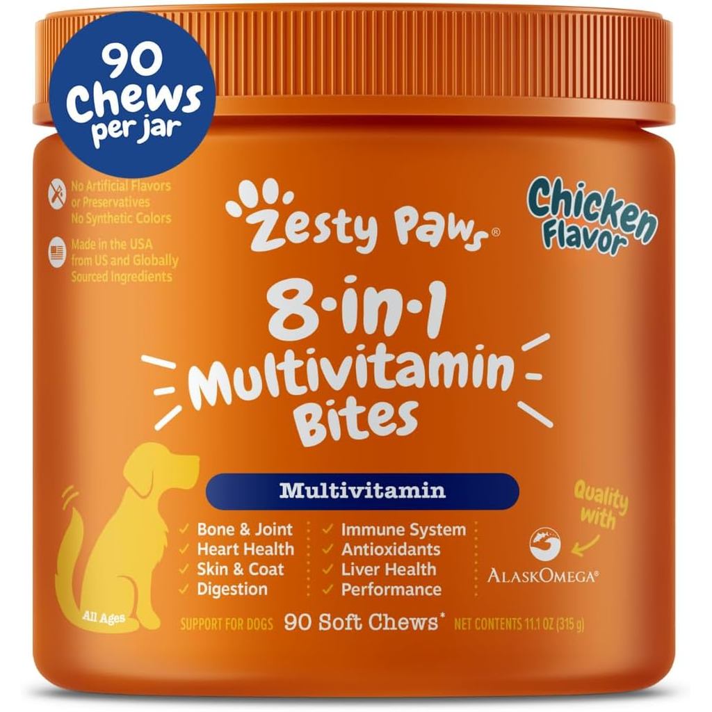 ZestyPawsMultivitamin, ChewableVitaminsandsforHip & Joints, & Coat, Omega3FishOilfors-Senior & Puppy