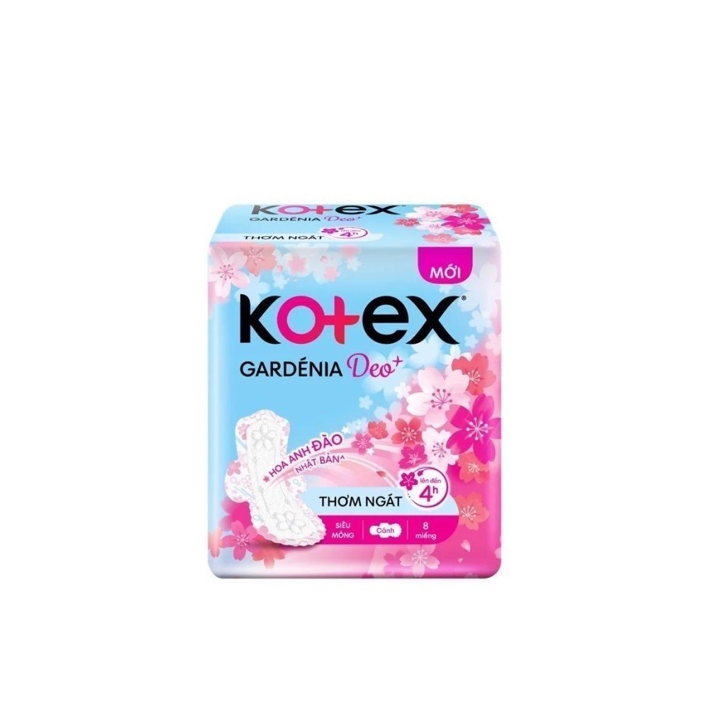 Băng Vệ Sinh Kotex Gardenia Deo+ Hương Hoa Anh Đào Mặt Bông Siêu Mỏng Cánh (Gói 8 Miếng)
