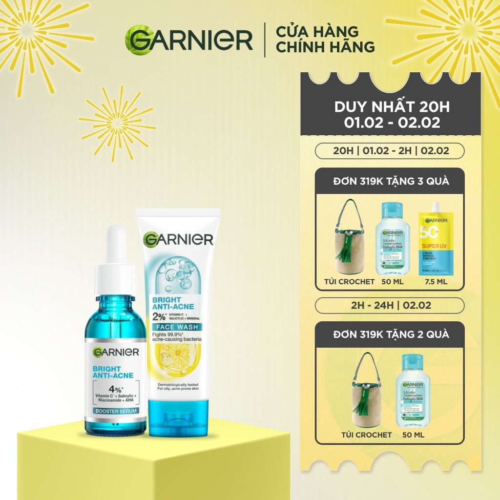 Bộ sản phẩm làm sạch, giảm mụn, dưỡng sáng da Garnier Anti-Acne Serum 30ml & Sữa rửa mặt 3-trong-1 1
