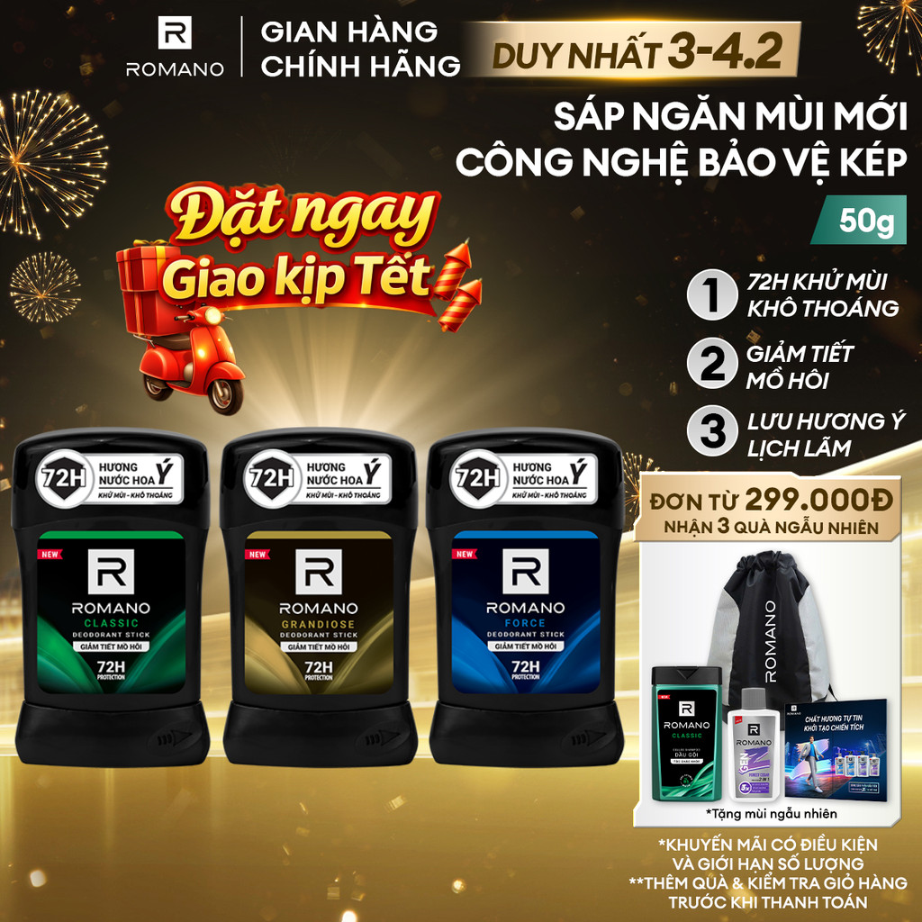 Sáp ngăn mùi cho nam Romano 50g - Khử mùi 72H, lưu hương Ý dài lâu