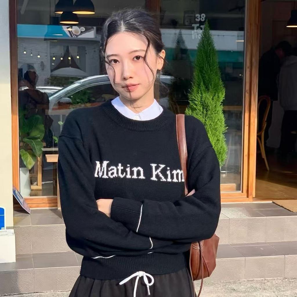 Matin kim Jacquard Basic Round Neck Knitted Sweater College Style Sweet Casual Korean Style Ning Yiz
