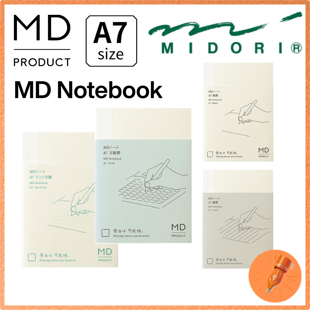 MIDORI DESIGNPHIL MD Notebook A7 Size, Blank/Lined/Grid/Dot Grid Options