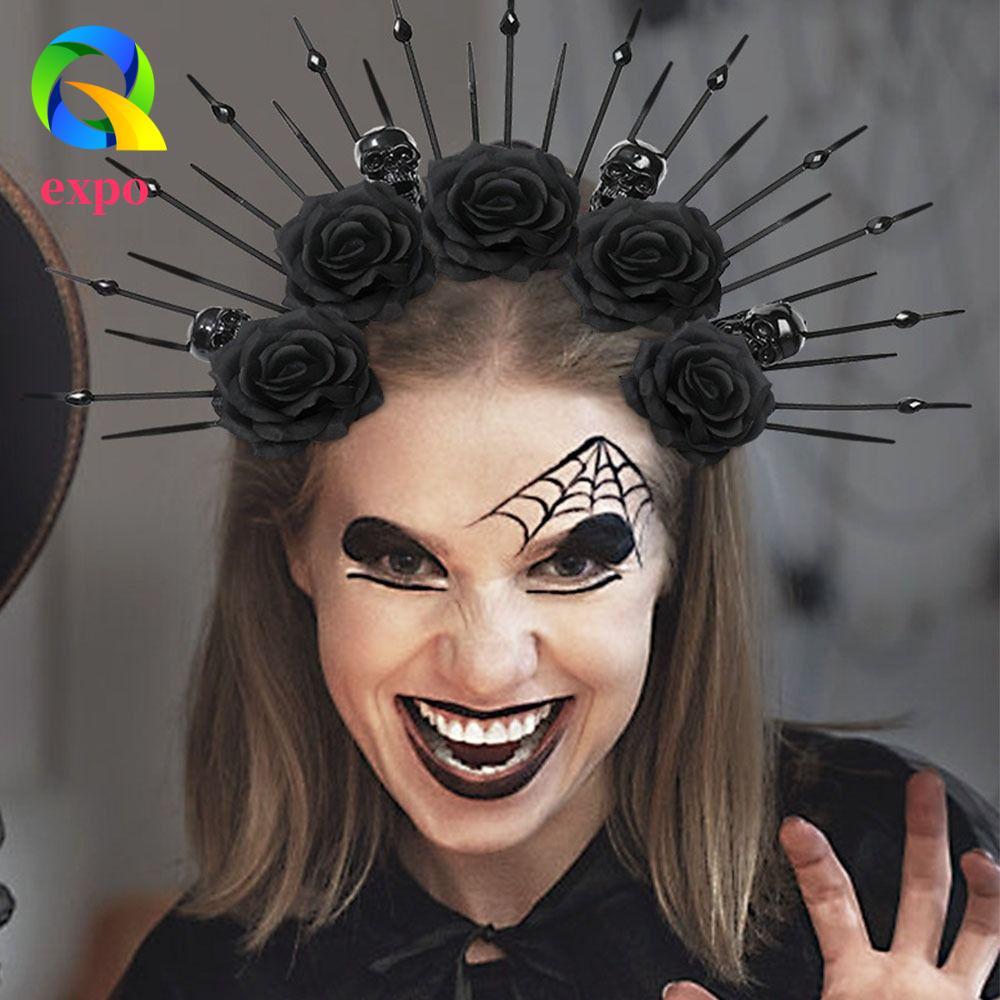EXPO LIMIT Skull Rose Veil Headband, Party Attire Gothic Queen Halloween Skull Hair Hoops, Horrible 