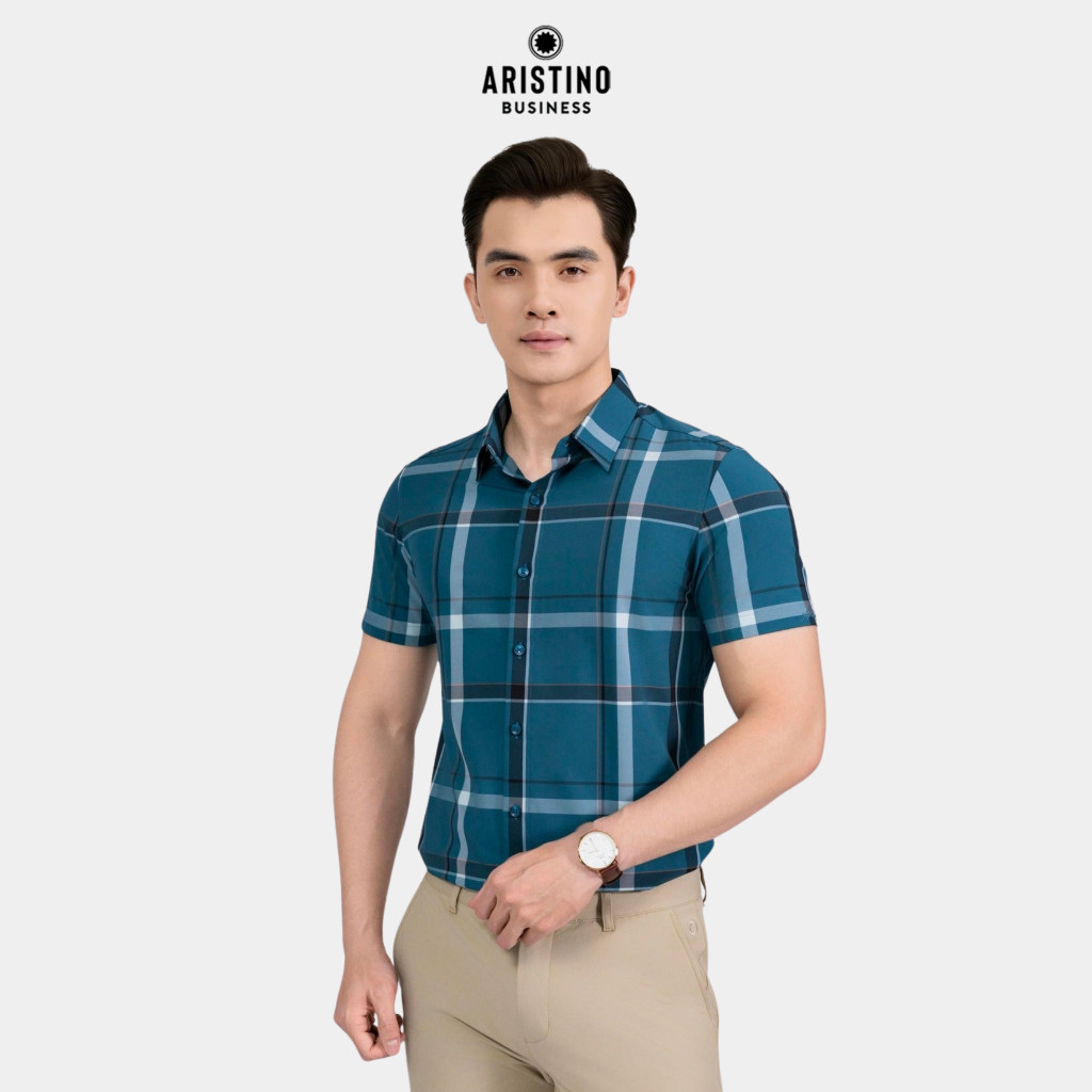 Aristino Business Áo Sơ Mi Nam Xanh Kẻ phom dáng Slim fit thiết kế tà lượn - 1SS029AS2