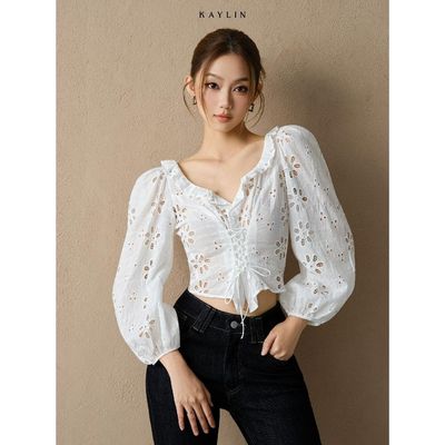 Áo kiểu KAYLIN Gauze thêu hoa tay phồng phối dây rút form ôm chất vải xô thêu phong cách thanh lịch BST Tháng 3 - A156T3