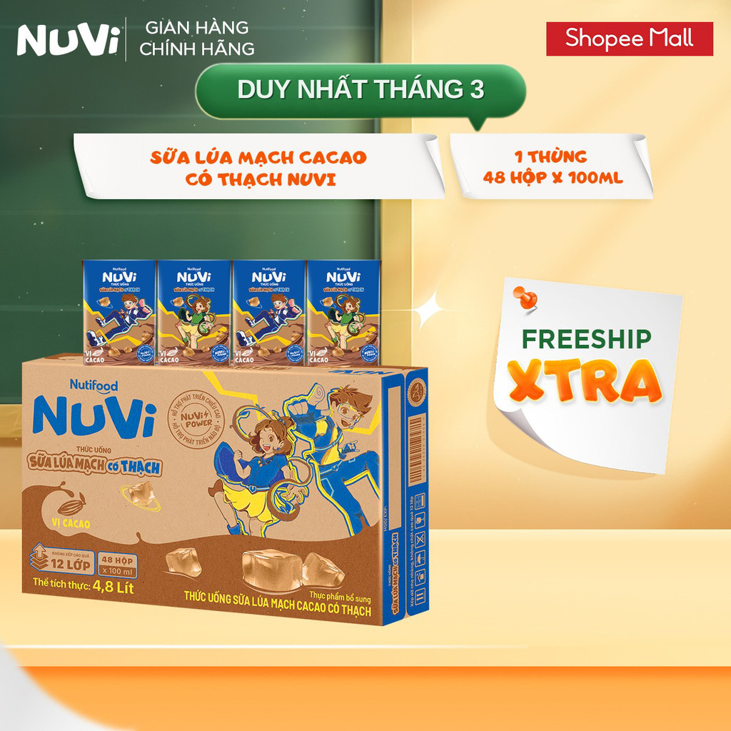 Thùng 48 Hộp Thức Uống Sữa Lúa Mạch Cacao Có Thạch NuVi 100ml