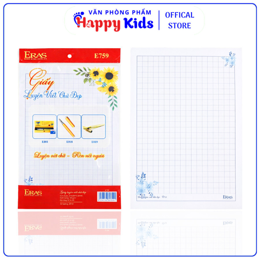 Xấp 20 Tờ Giấy Luyện Viết Chữ Đẹp E7590A Eras (Khổ A4) 4 ô ly Giấy Dày, Không Lem, Dòng Kẻ Rõ - VPP 