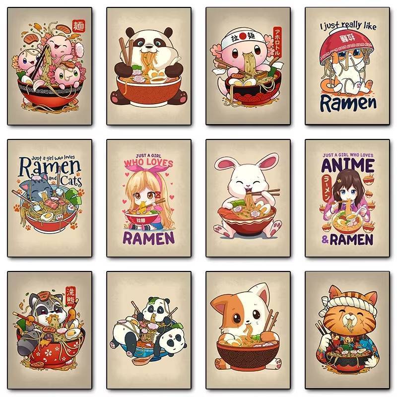 Anime Ramen Poster Axolotls Shiba Inu Chó Mèo Thực Sự Thích In Vải Lamian Mì shop Treo Tường Nghệ Th