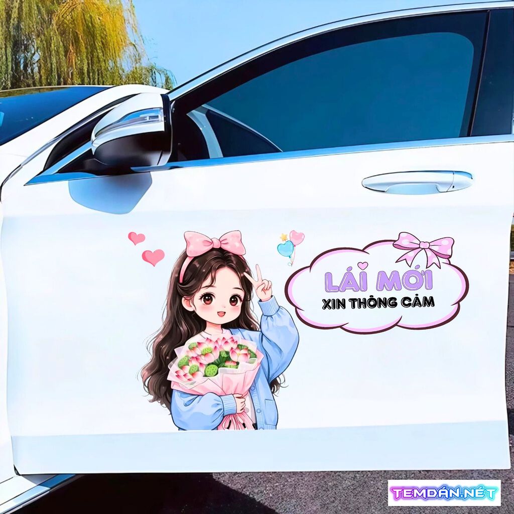Decal "Lái Mới Xin Thông Cảm" Hình Cô Gái Cầm Hoa Dễ Thương Xinh Xắn