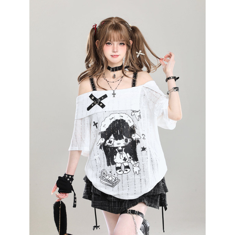 áo thun y2k áo y2k Áo Thun Tay Ngắn Hình Hoạt Hình Style Y2K Châu Á, Phù Hợp Mùa Hè