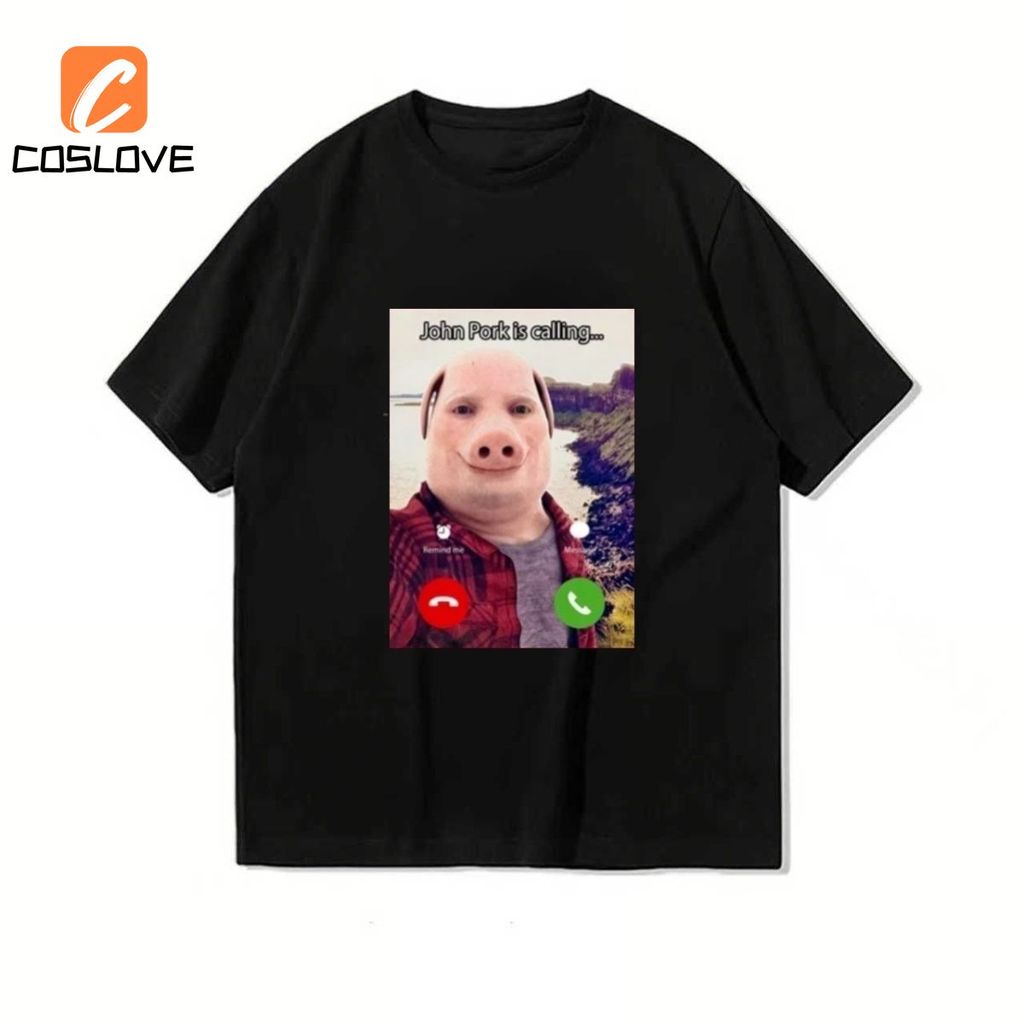 Áo thun ngộ nghĩnh John Pork Is Calling Pig Head Pattern Top Summer Daily Outfits For Man Đen Trắng 