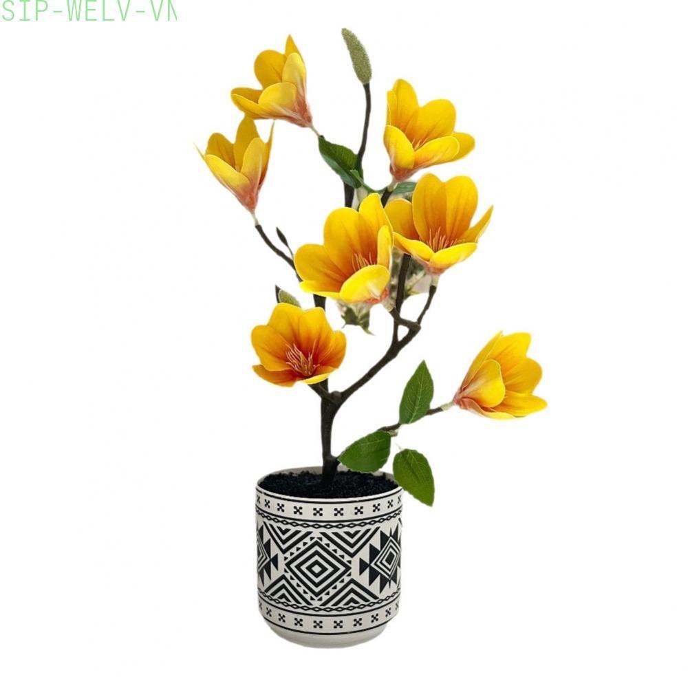 {WELV}Artificial Magnolia Bonsai 7 Flower Fake Plant Realistic Home Decor Indoor