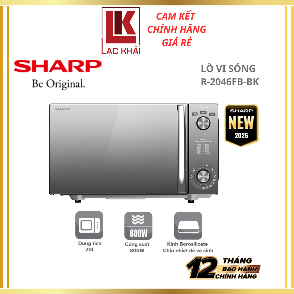Lò vi sóng 20 lít Sharp R-2046FB-BK, Không đĩa xoay, Công suất 800W - Hàng chính hãng
