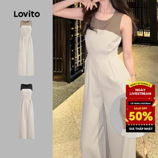 Lovito Bộ áo liền quần xếp ly bằng vải trơn thông thường dành cho nữ L128ED413