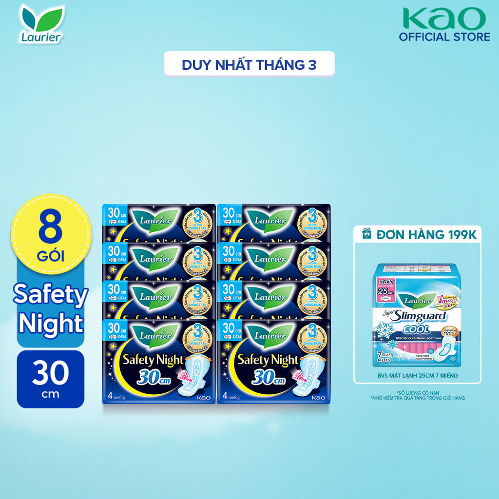 Combo 8 gói Băng vệ sinh Laurier Safety Night Đêm Siêu An Toàn 30cm 4 miếng