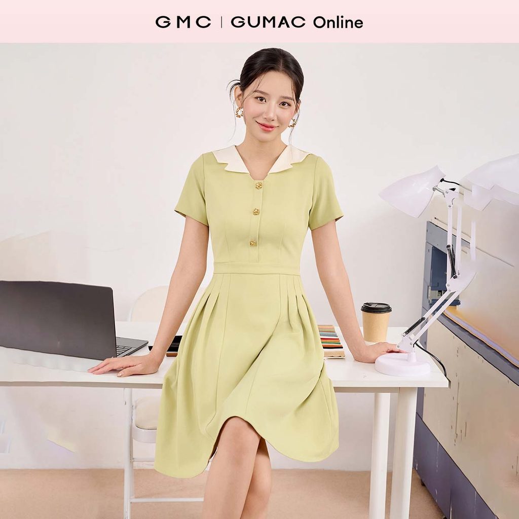 Đầm nữ form A cổ cách điệu tùng váy xếp ly có hai túi sườn chất liệu chéo lạnh mịn mát thời trang GU