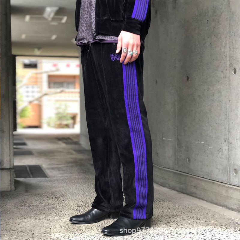 UENS Needles track Velvet embroidered webbing men's and women's casual low-waist straight-leg sports