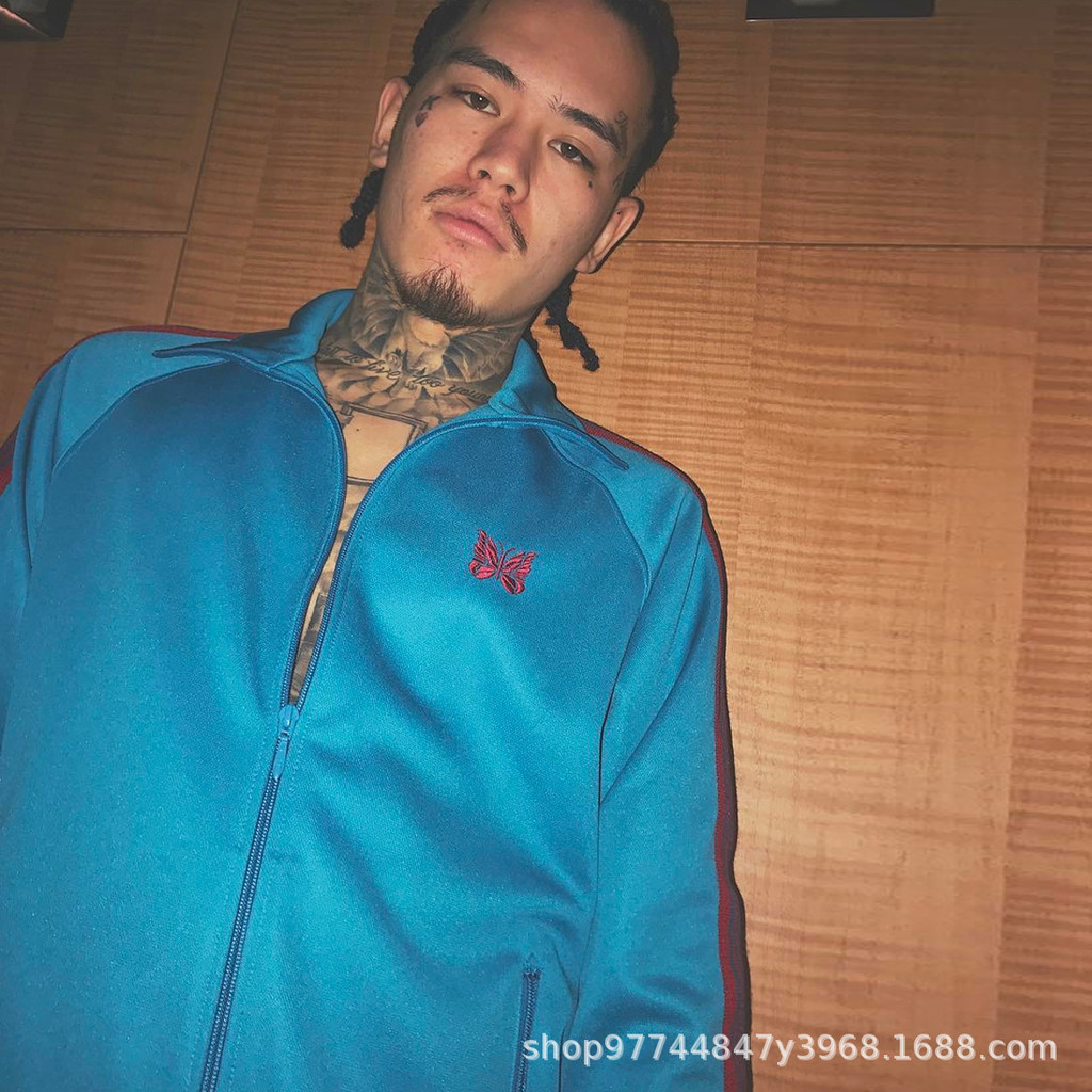 F5SS Needles Bright blue embroidery LOGO Zipper cardigan jacket in navy blue with stand-up collar an