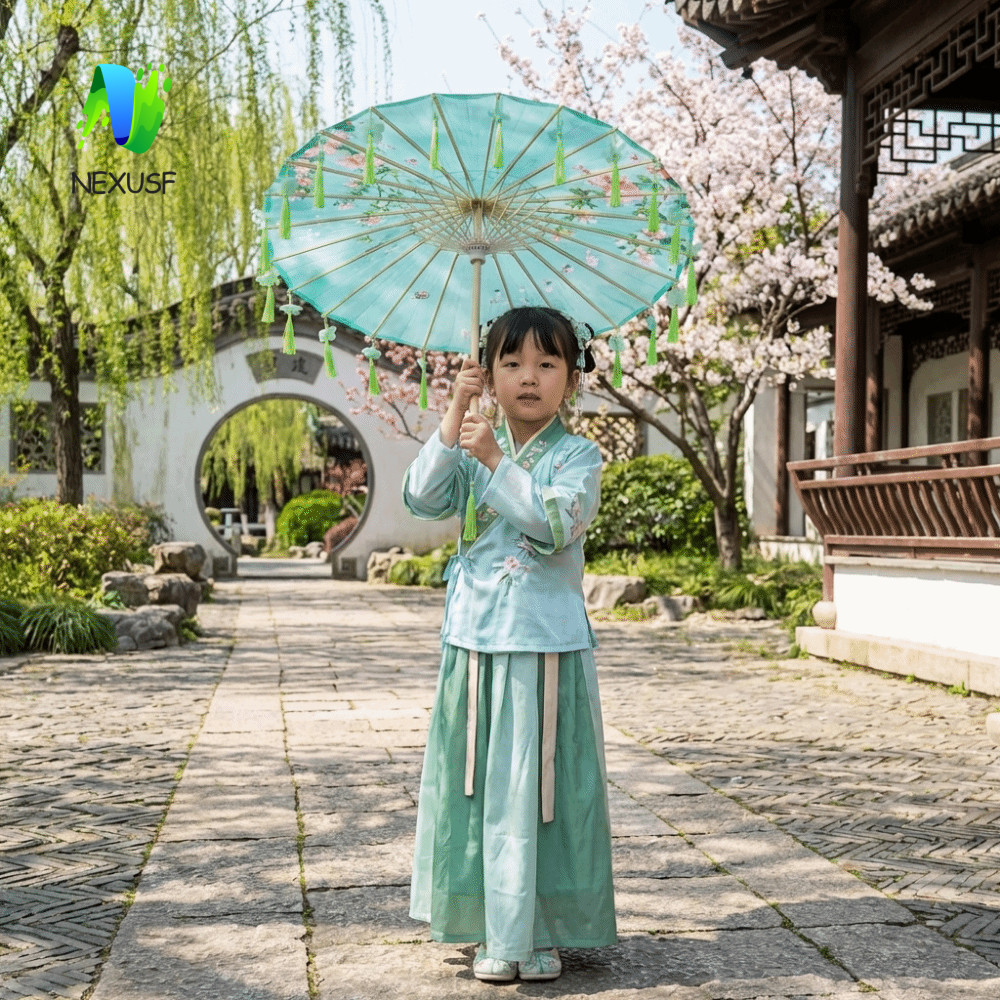 Ô dù cổ điển Trung Quốc NEXUSF, Ô tua rua vải phong cách Trung Quốc 56cm, Ô Hanfu trang trí chống mư