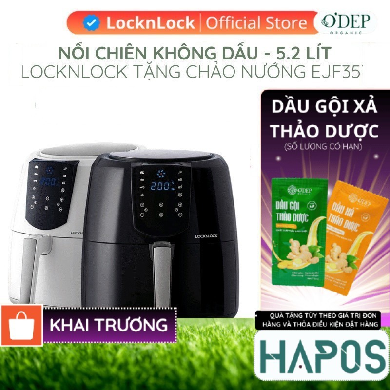 Nồi chiên không dầu điện tử 5,2L LocknLock Chính hãng, Kèm chảo nướng bánh EJF357BLK 1800W - HAPOS H