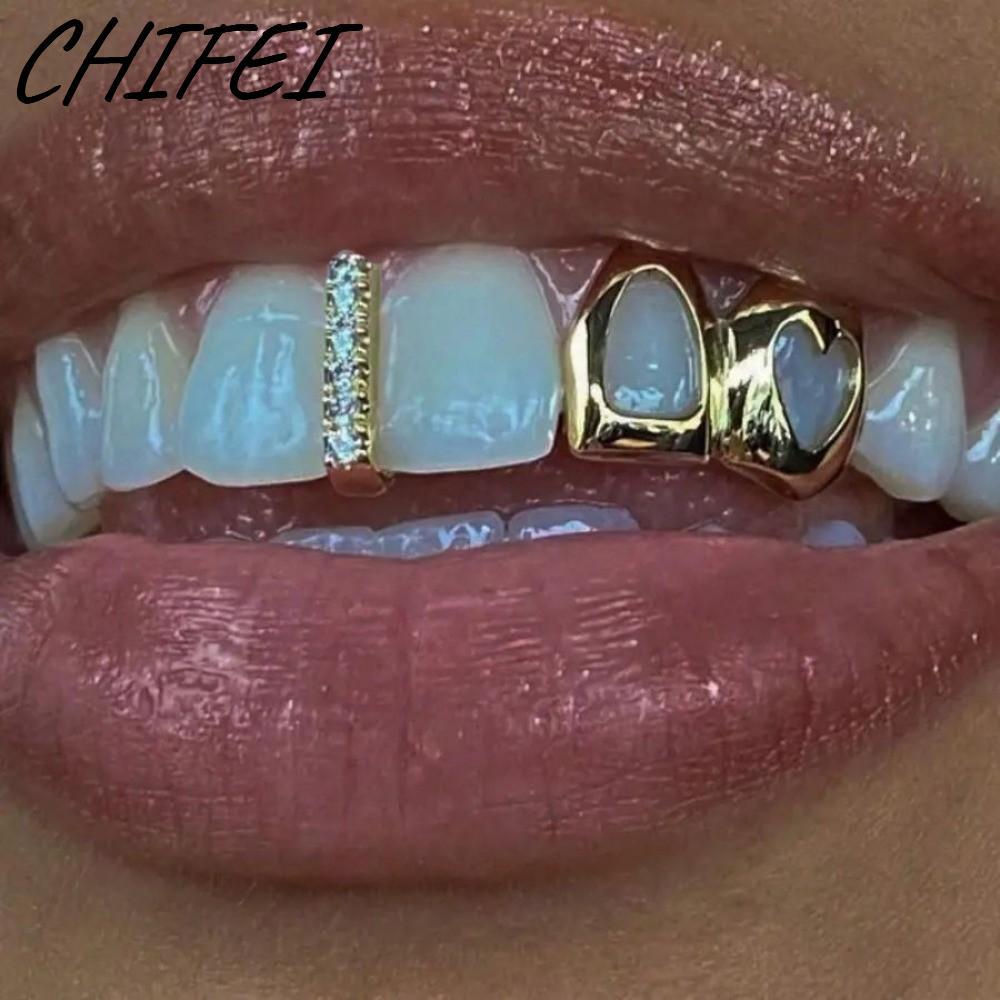 CHIFEI Hip Hop Răng Grillz, Màu Vàng Sáng Bóng Grillz, Trái Tim Rỗng Đôi Trái Tim Đồng Răng Mũ Trang