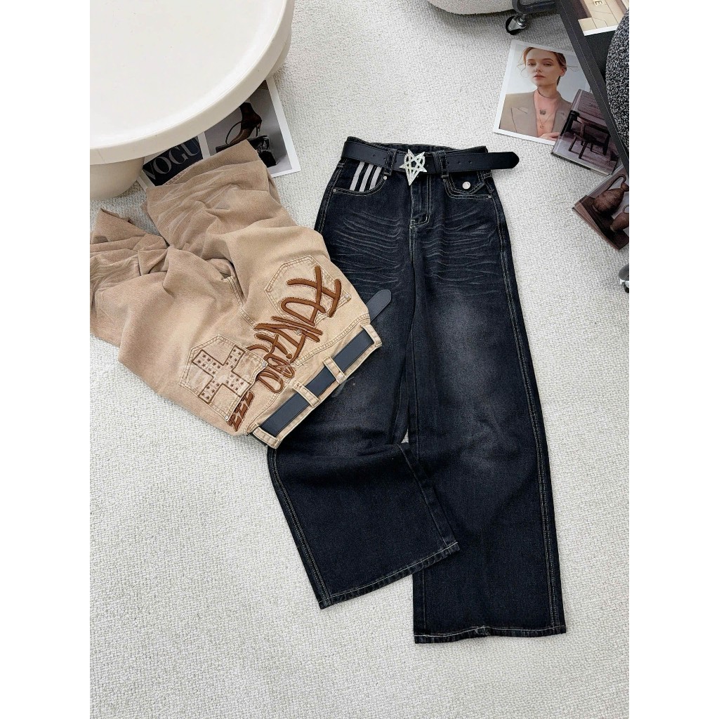 [Follow shop nhận mã 10k] Quần dài jeans denim bò suông chữ sau đai sao Meo Meo Shop QD1312 8560
