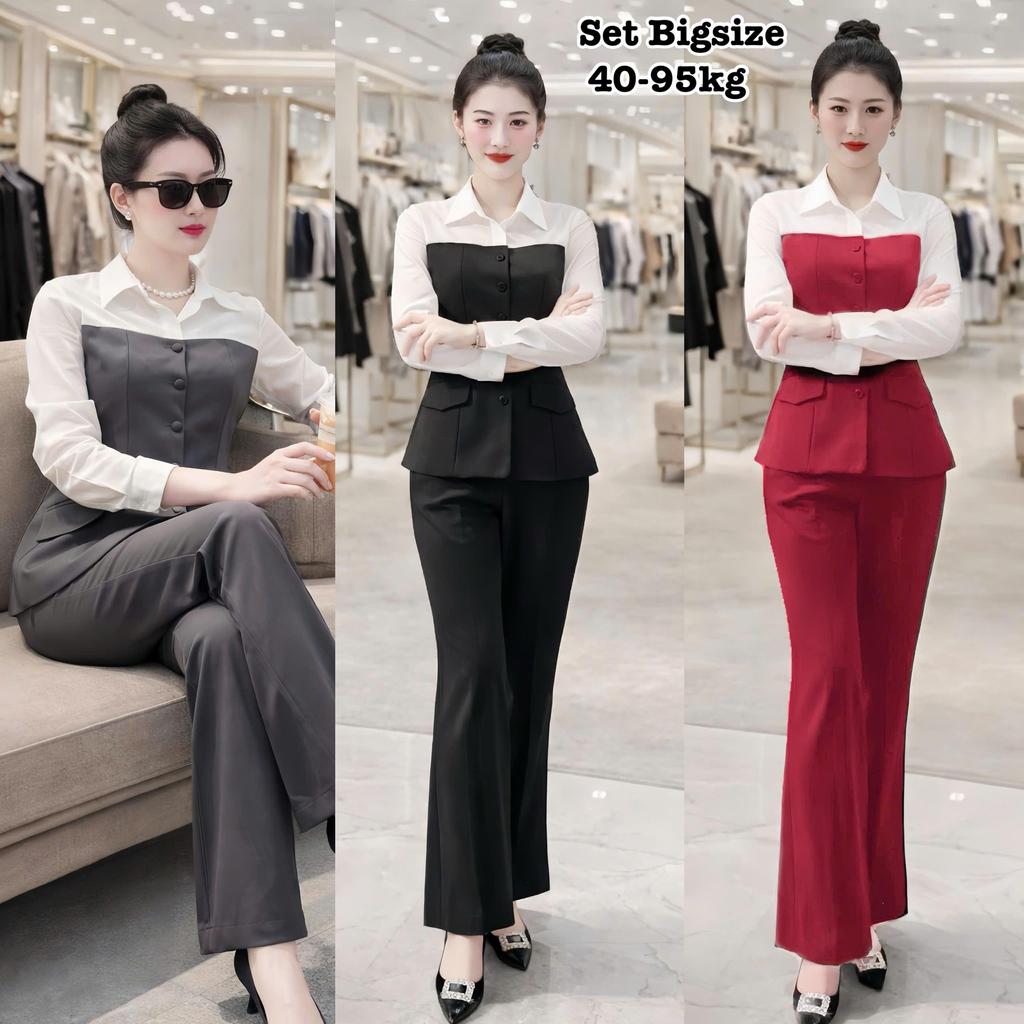 Set Bộ Dài Bigsize Nữ Công Sở Thiết Kế Áo Gi-lê Cổ Sơ Mi Phối Trắng Sang Chảnh Đi Dự Tiệc Nữ Cao Cấp