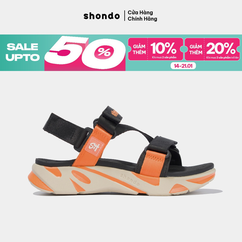 Giày Sandal Nam Nữ Shondo Êm Chân, Bền F8 Ver.2 Đế Be Cam Phối  Quai Đen Cam F8M2818