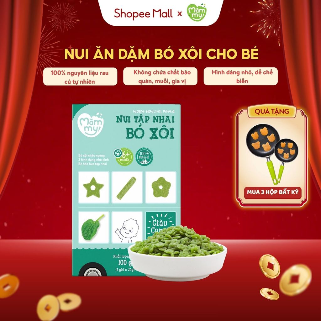 Nui ăn dặm cho bé Mămmy nui bó xôi mini giàu canxi cho bé mới tập nhai từ 6 tháng tuổi, hộp 100gram