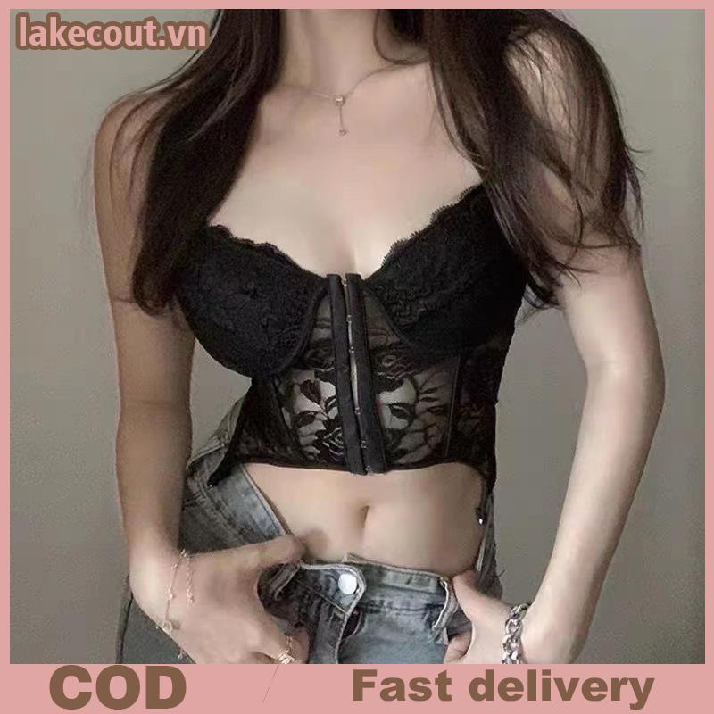 Lưới Vintage Tank Top Nữ - Ren Rỗng Ra Spaghetti Dây Đeo, Corset Crop Top Backless Gợi Cảm