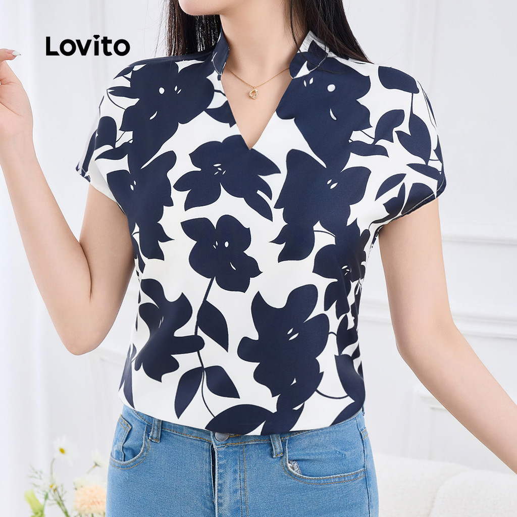 Lovito Áo sơ mi nữ mùa xuân hè áo sơ mi xanh đậm dạng thường L155AD049