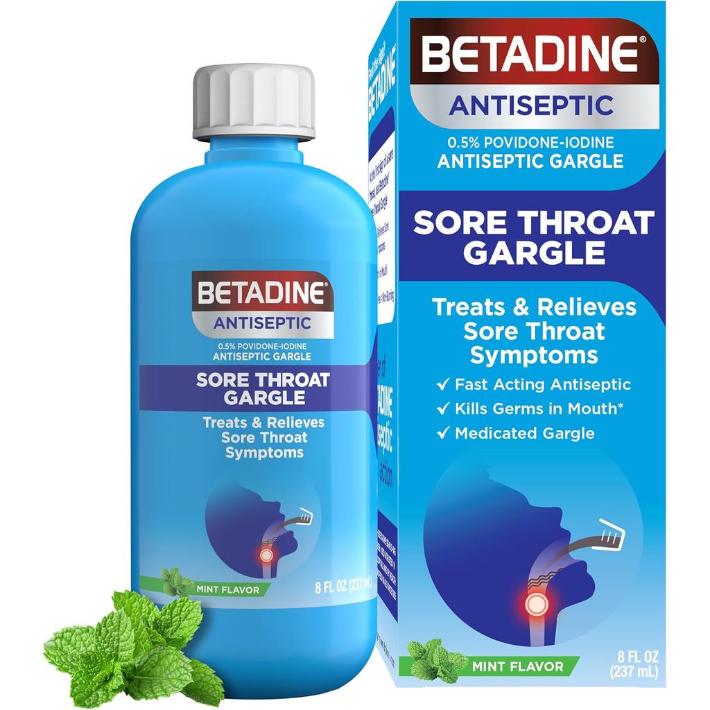 Vòng tay thiền sát trùng Betadine, Povidone-Iodine 0,5%, Điều trị và giảm các triệu chứng đau họng, 