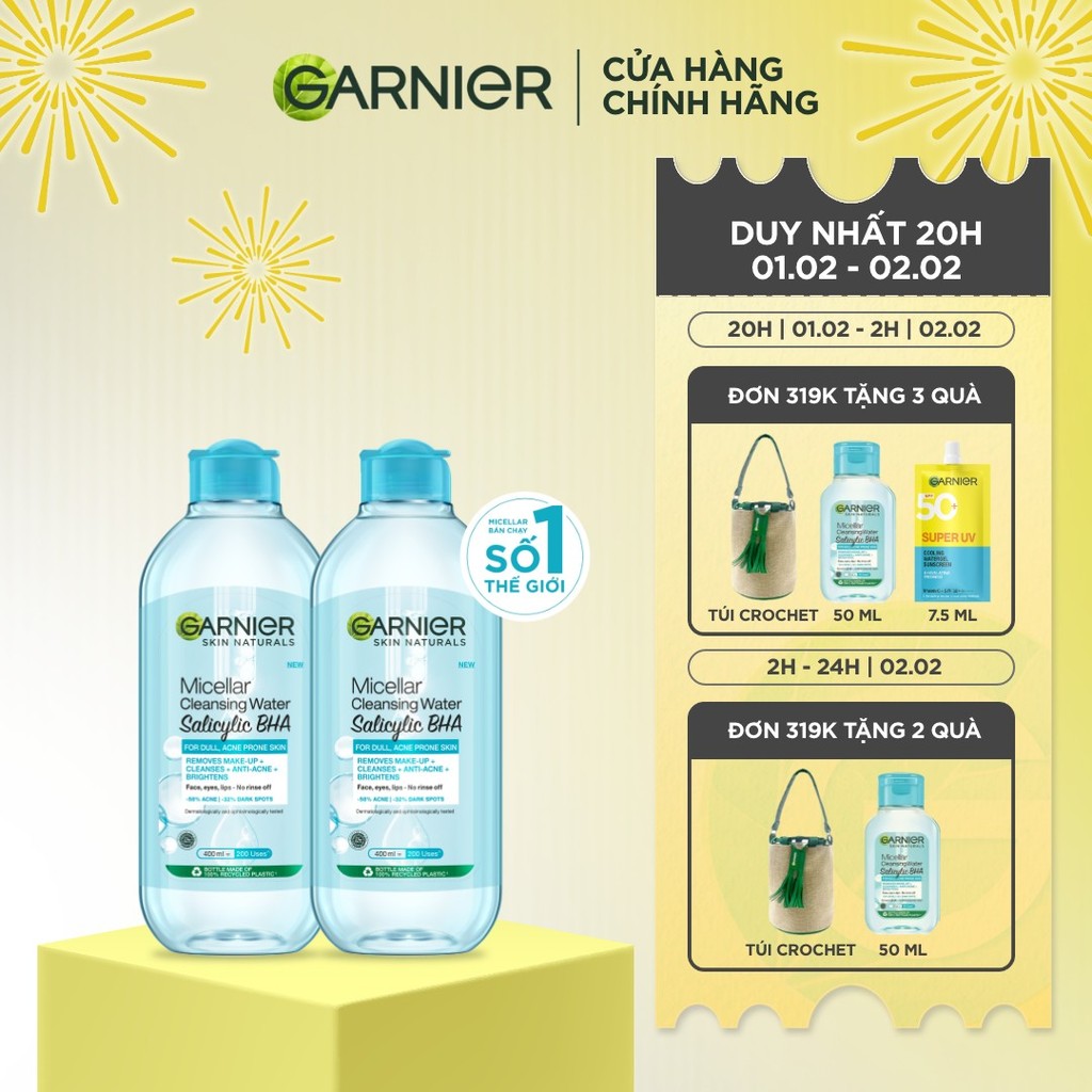 Bộ 2 Nước tẩy trang Garnier Cho Da Dầu Mụn Salicylic BHA Micellar 400ml x 2 (mới)