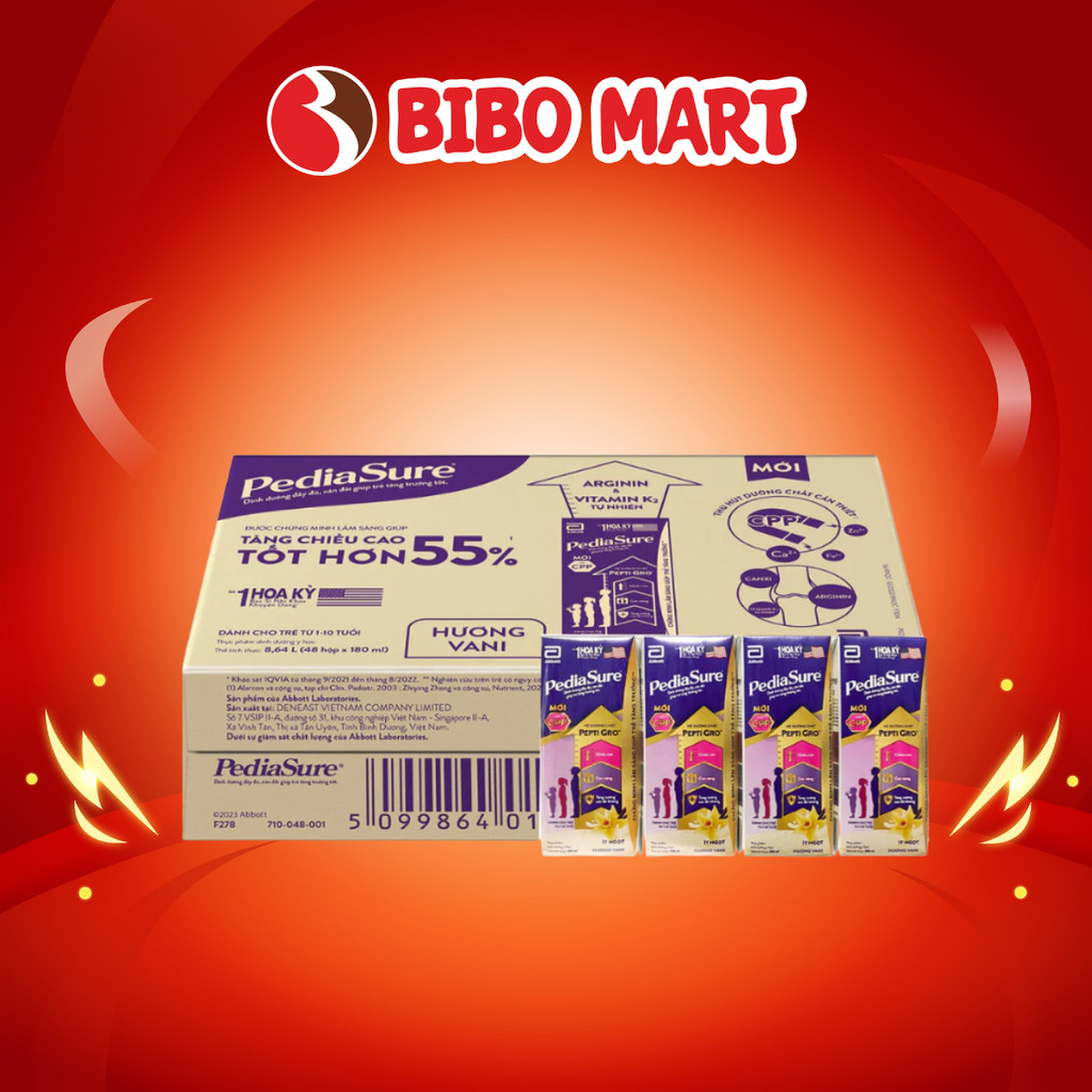 [KOL] Thùng 48 Hộp Sữa Bột Pha Sẵn Pediasure Vani Ít Ngọt Cho Bé 1-10 Tuổi 110/180ml - Bibo Mart