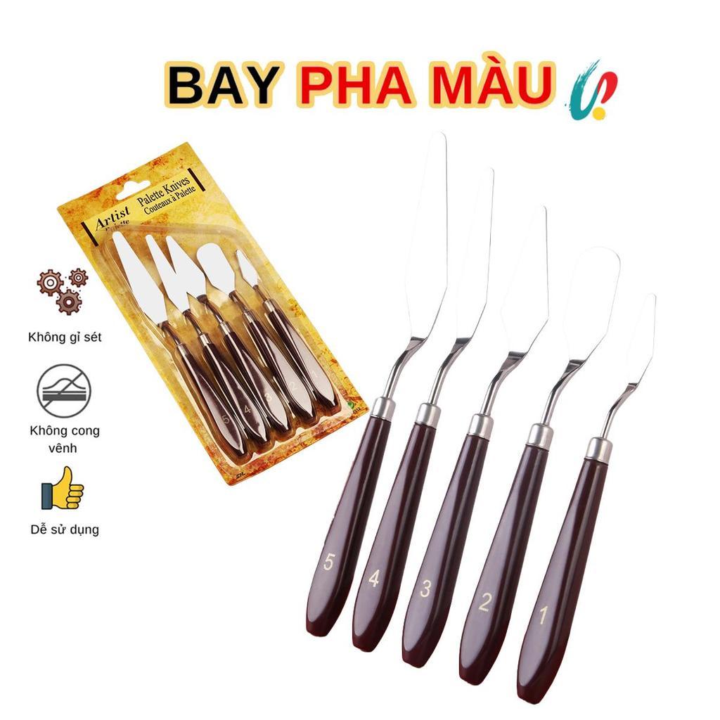Bộ 5 Bay Vẽ Cán Gỗ Bay Pha Màu Lưỡi Bay Bằng INOX Cho Sơn Dầu Acrylic Nghiền Màu Lấy Màu