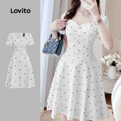 (thanh lịch) Lovito  Váy trắng ngà cài nút mùa xuân/hè cho nữ L177ED372