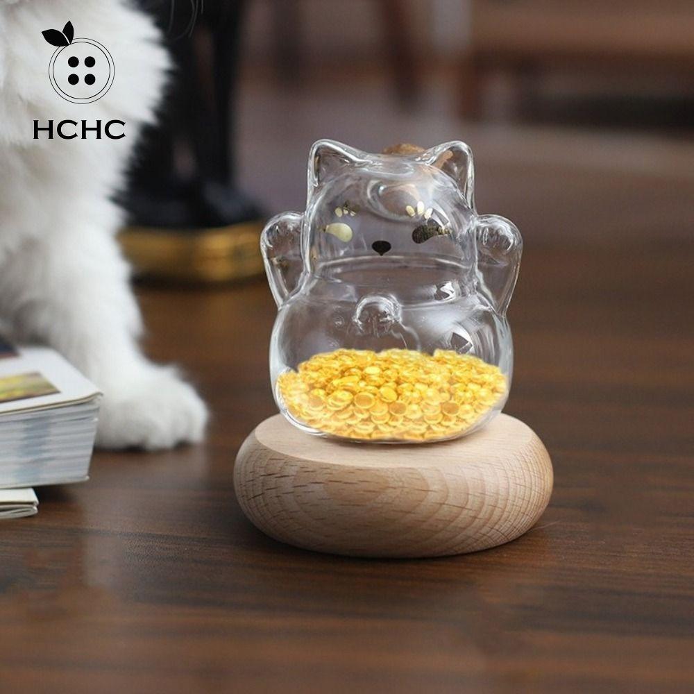 HCHC Glass Coin Bank, Kính trong suốt có đế bằng gỗ Bình tiết kiệm hình mèo, Di động Lucky Cat Trang