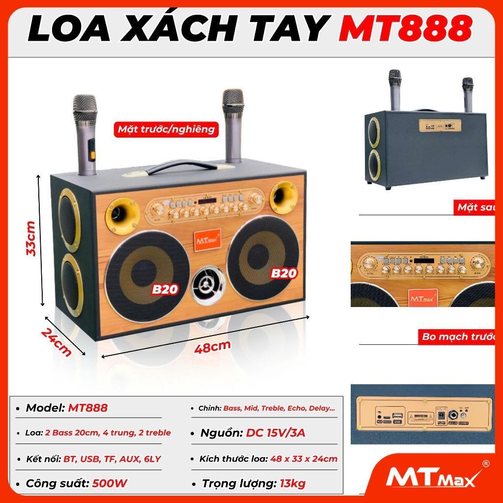 Loa Xách Tay Karaoke MTMAX MT888 8 Loa,Bass 20,4 Treb, 2 Trung Công Suất 500W - Đi Kèm 2 Micro