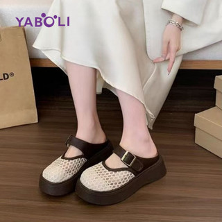 Retro Phong Cách Preppy Khóa Kim Loại Muller Dép Ren Khâu Dày Nửa Dép Phù Hợp Với