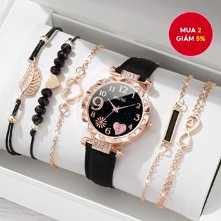 Đồng hồ thạch anh mặt số trái tim đầy sao bằng kim cương giả thời trang dành cho nữ + Combo vòng tay lá trái tim