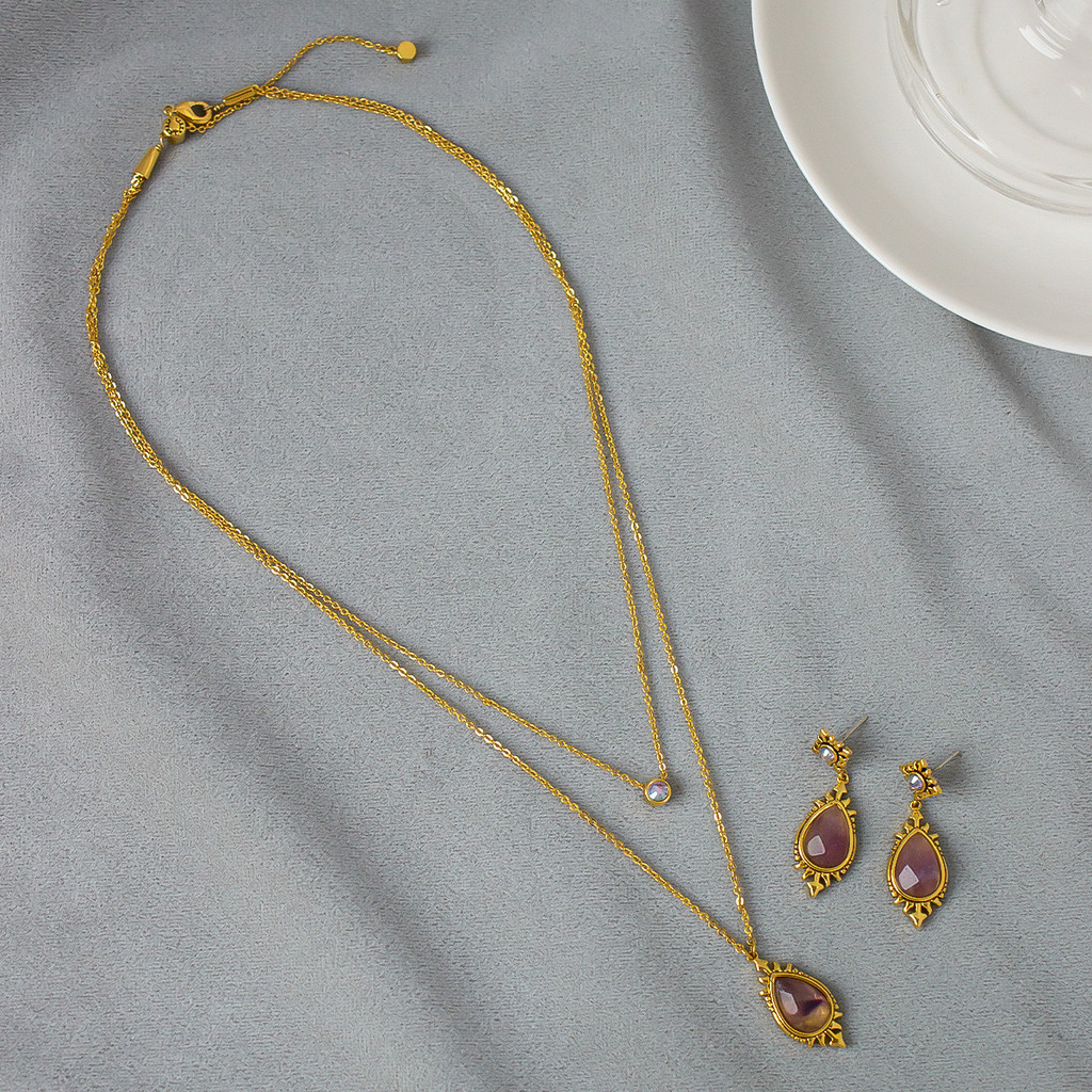 British Royal Family Double-Layer Necklace and Earring Set with Mysterious Amethyst, Goddess Long Do