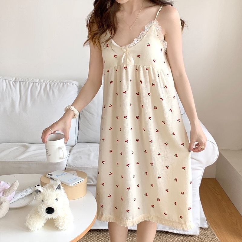 【80-150斤】Nightdress Summer Women's Sweet Spaghetti-Strap Chest Pad Woven Cotton Pajamas Women's Loos