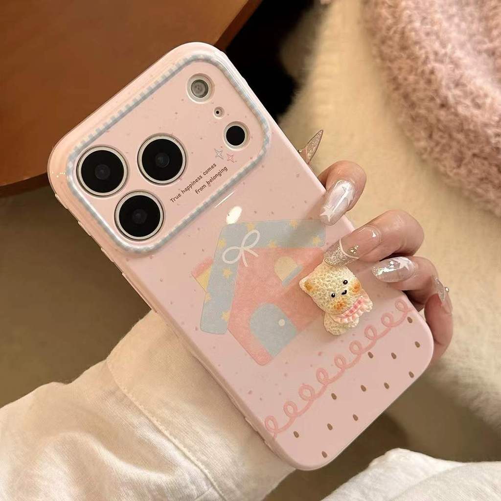 Hàn Quốc Ins Dopamine Hồng 3D Puppy Bear House Girlish Ốp Điện Thoại Cho iPhone 17 Pro Max 16 Pro 15