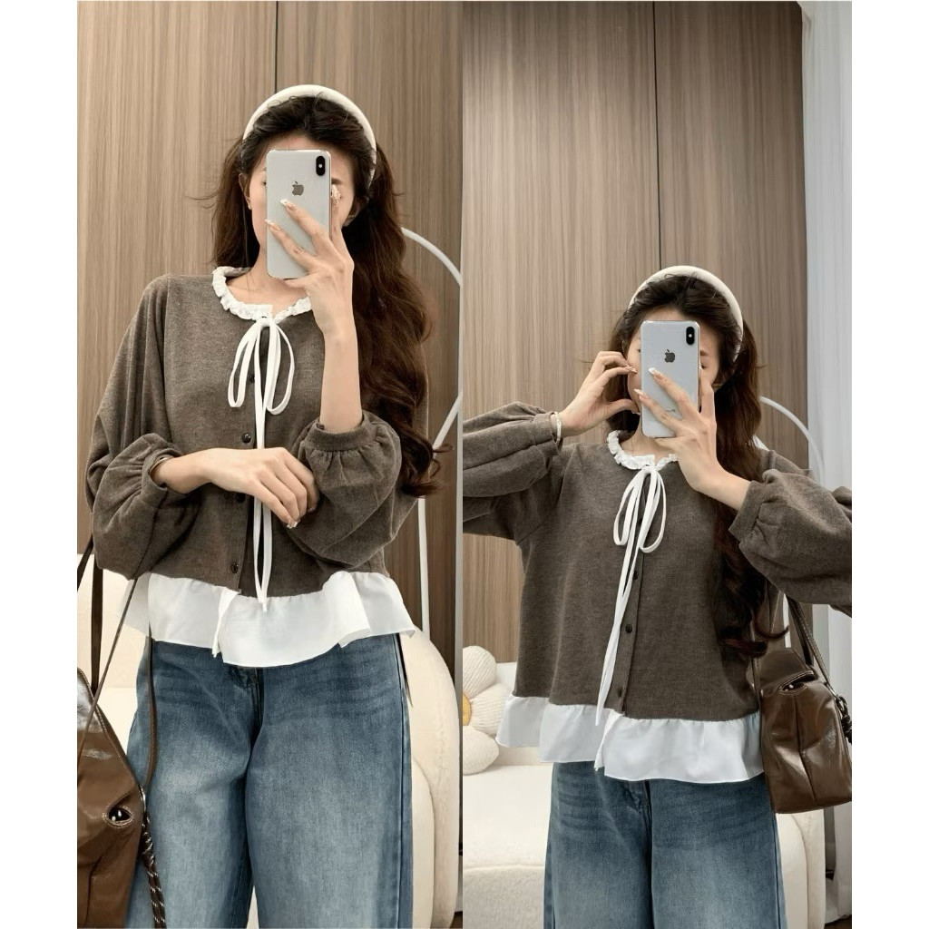 Áo Nỉ Tăm Thỏ Phối Cổ Bèo Nơ Buộc A71426 Thời Trang Nữ Bigsize