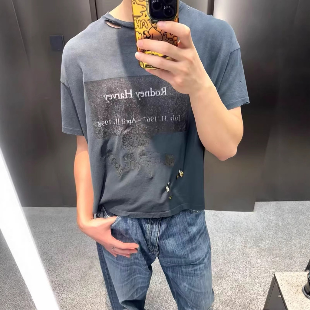 HCDX pengiri Same Style paly hollywood MEMORIAL Slogan printed badge loose retro short-sleeve trendy