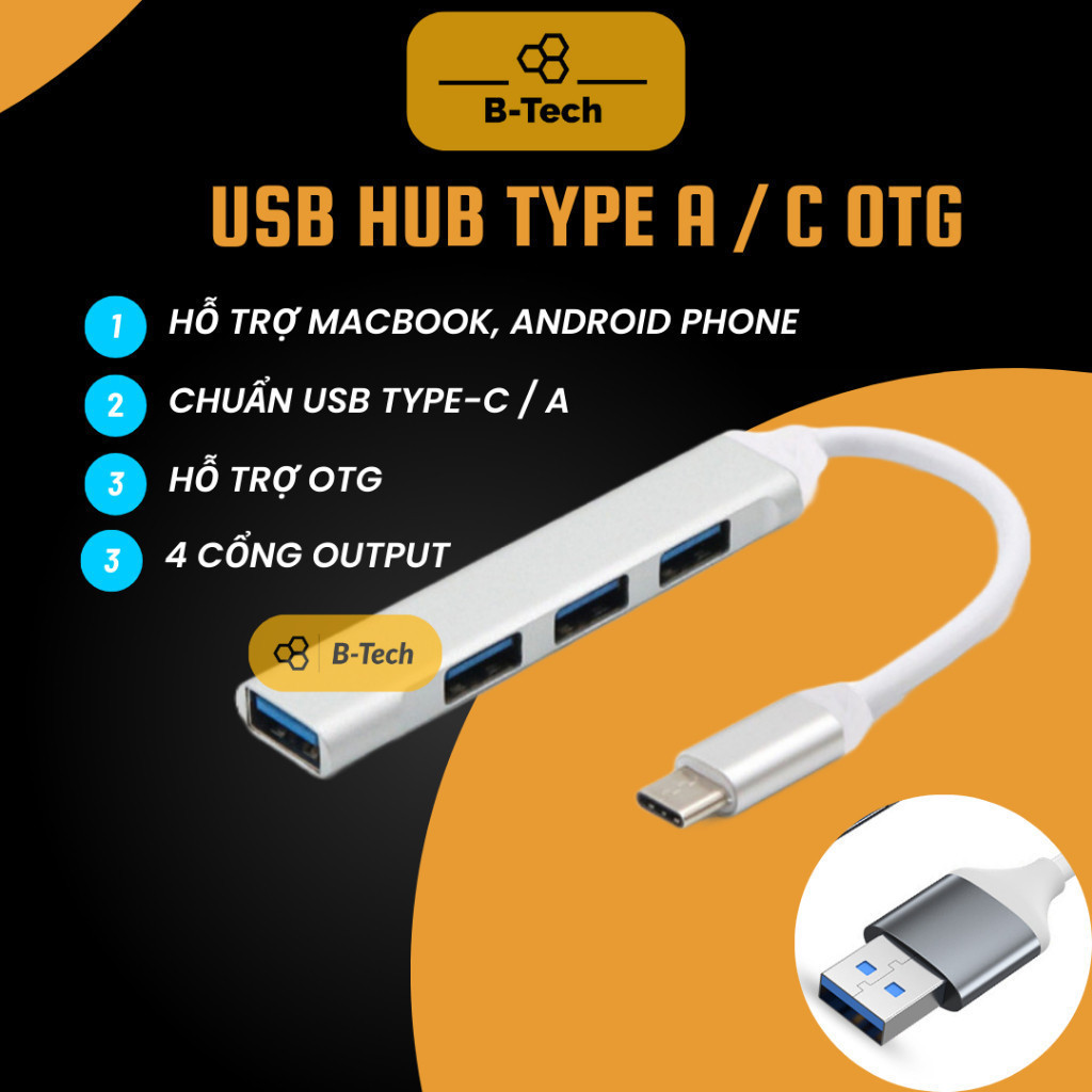 USB hub type C/A OTG USB 3.0 tốc độ cao, bộ chia cổng usb, mở rộng 4 cổng cho laptop PC macbook - BT