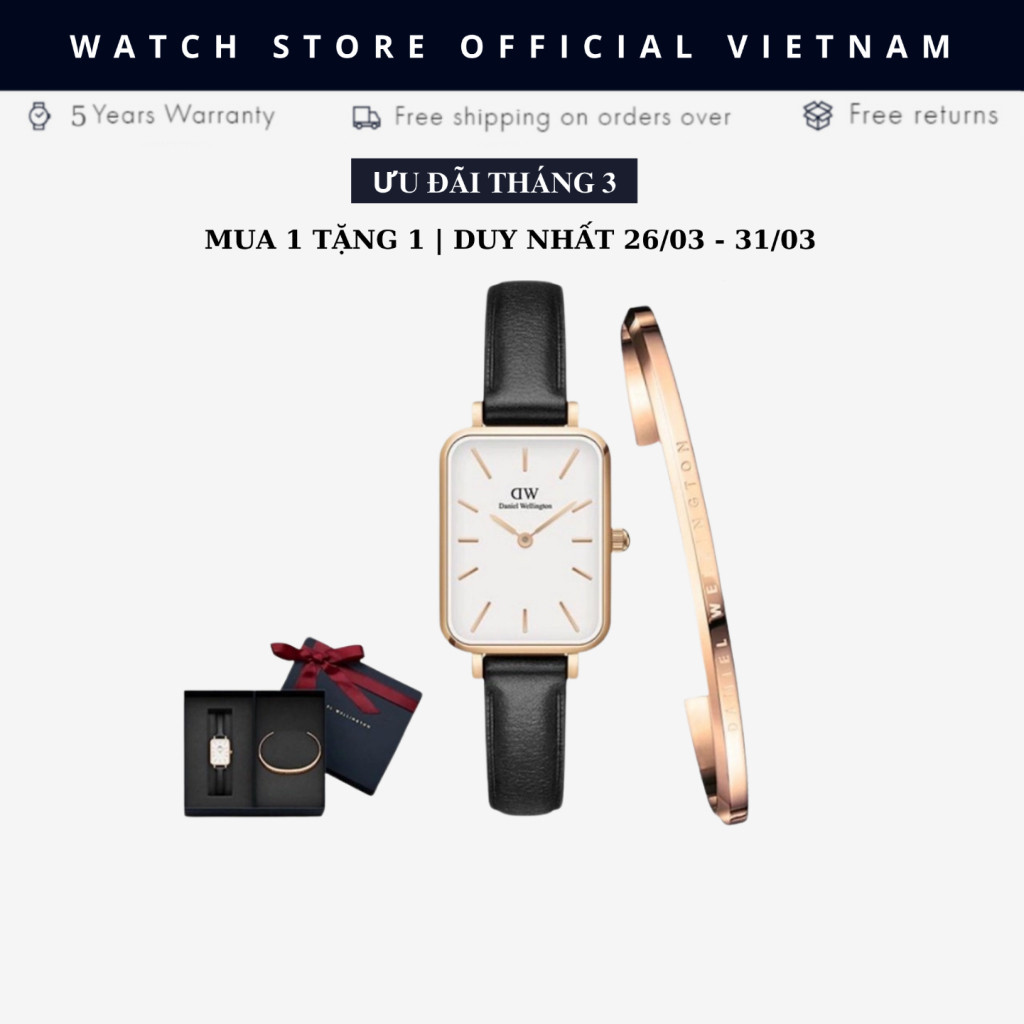 [Chính Hãng] Đồng Hồ Nữ Daniel  Quadro Sheffield White Dây Da, Size 22x26mm Kèm Vòng D . WCuff Chính Hãng